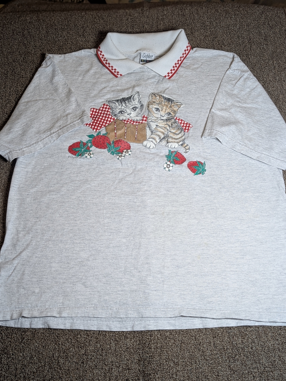 Vintage Gopher Sport Kitten Cat Strawberry Polo Shirt Size XL Gray Red Checked